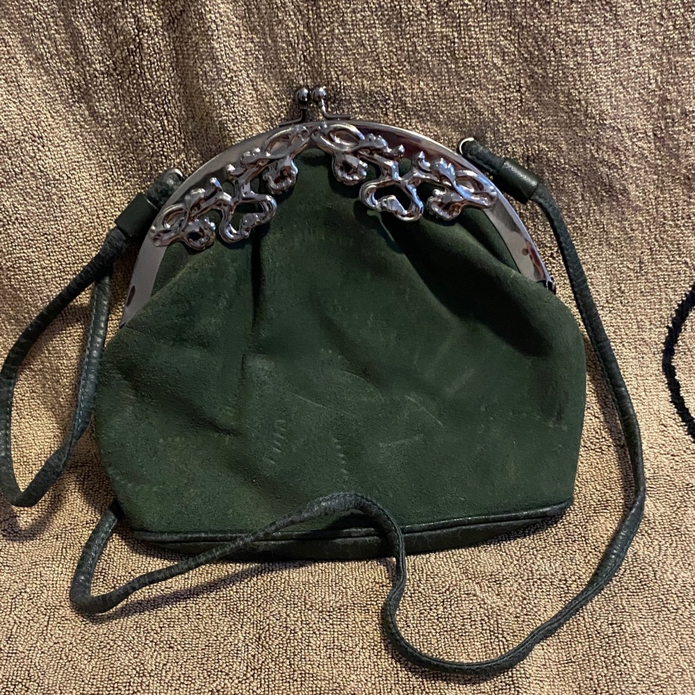 Dark Green Suede Ladies Crossbody Bag with Silver Frame